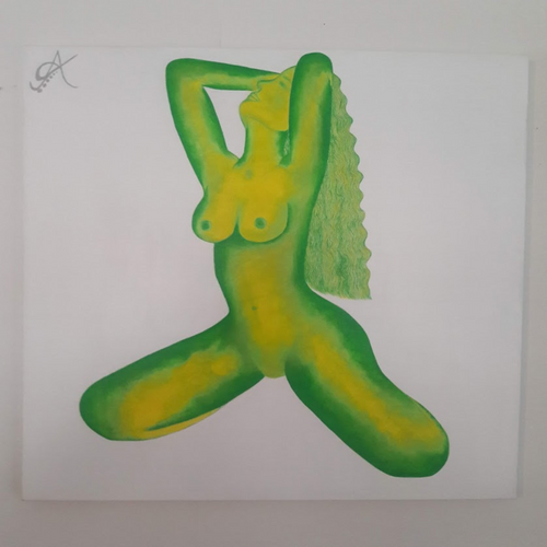 yellow and green acylic painting of a naked woman in sexy posture with long hair on large white canvas