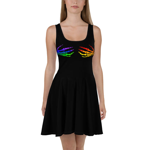 short sleeveless black dress with Halloween rainbow skeleton hands grabbing boobs 