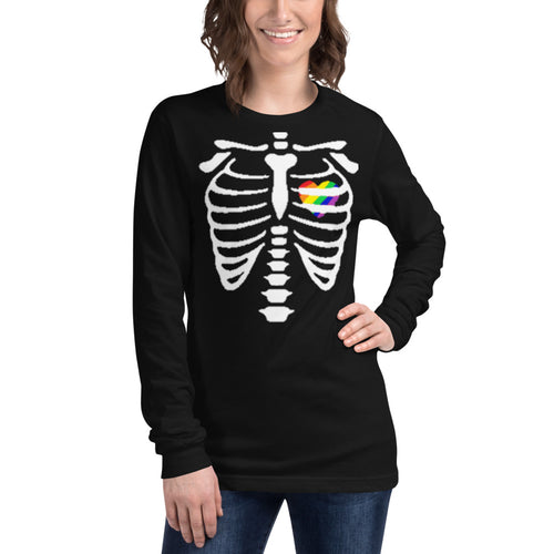 black long sleeve Halloween shirt with skeleton ribs and rainbow heart