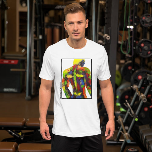 gay guys T-shirt with framed males muscular back from an original painting