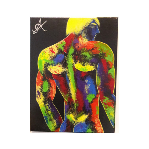 original rainbow oil painting on canvas of a mans naked muscular back down to mid buttox